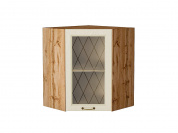 Шкаф верхний угловой остекленный Ницца 716*600*600 Дуб крем / Дуб Вотан