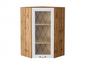Шкаф верхний угловой остекленный Ницца 920*600*600 Белый / Дуб Вотан