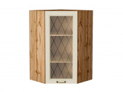 Шкаф верхний угловой остекленный Ницца 920*600*600 Дуб крем / Дуб Вотан