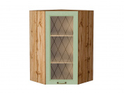 Шкаф верхний угловой остекленный Ницца 920*600*600 Дуб оливковый / Дуб Вотан