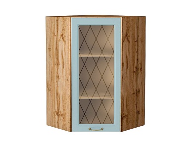 Шкаф верхний угловой остекленный Ницца 920*600*600 Голубой / Дуб Вотан